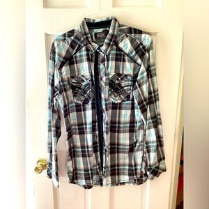 Buckle Black long sleeve button up shirt with embroidered detail